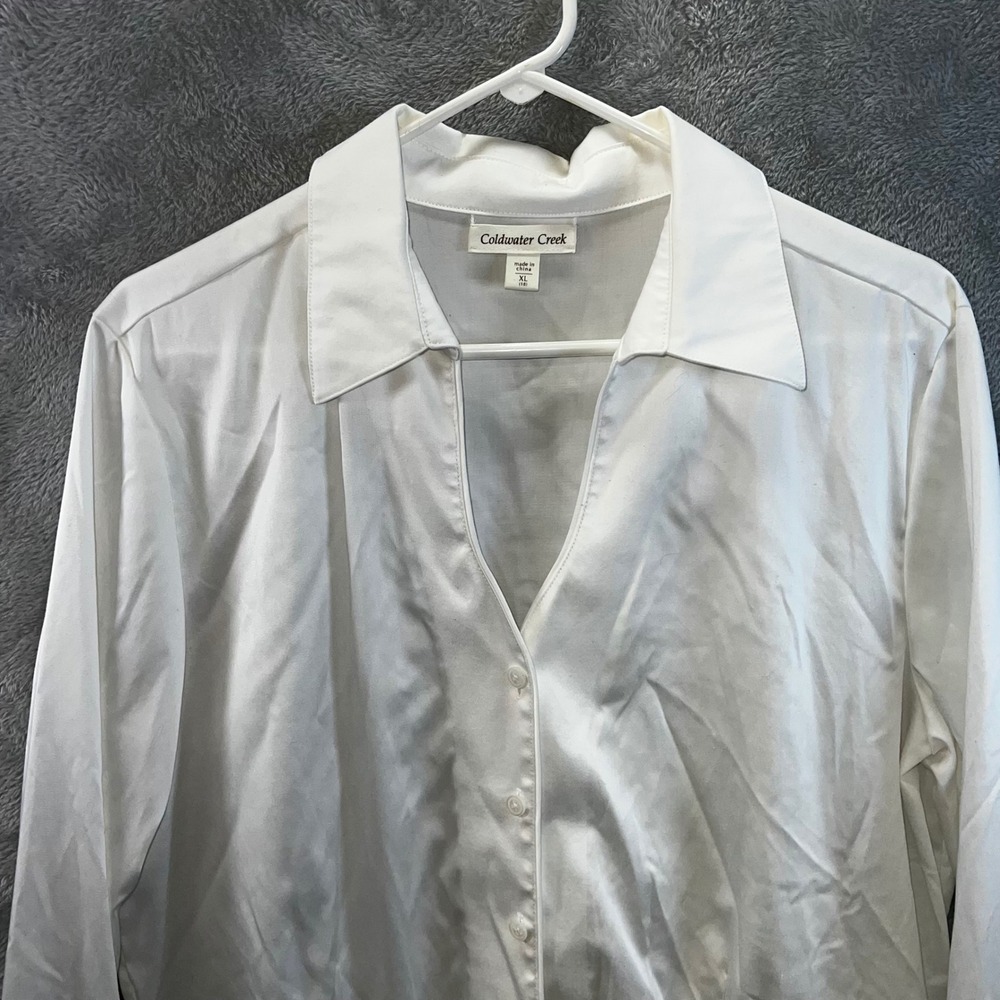 Coldwater Creek‎ Womens XL White Cotton Stretch Button Down Blouse V-Neck Preppy